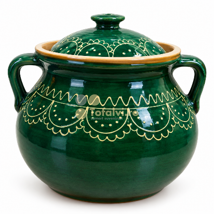 Oală tradițională din ceramică verde cu capac mare 