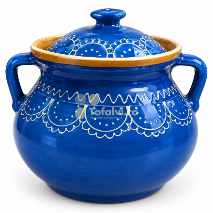 Oală tradițională din ceramică cu capac, albastră mare