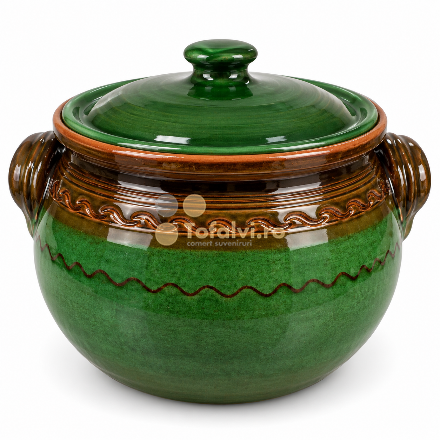 Oală din ceramică verde cu capac, model decorativ