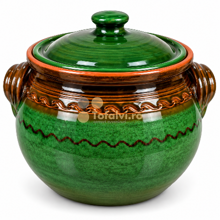 Oală din ceramică verde cu capac, model decorativ