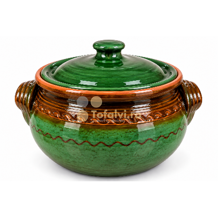 Oală din ceramică verde cu capac, model decorativ