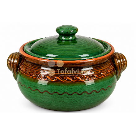 Oală din ceramică verde cu capac, model decorativ